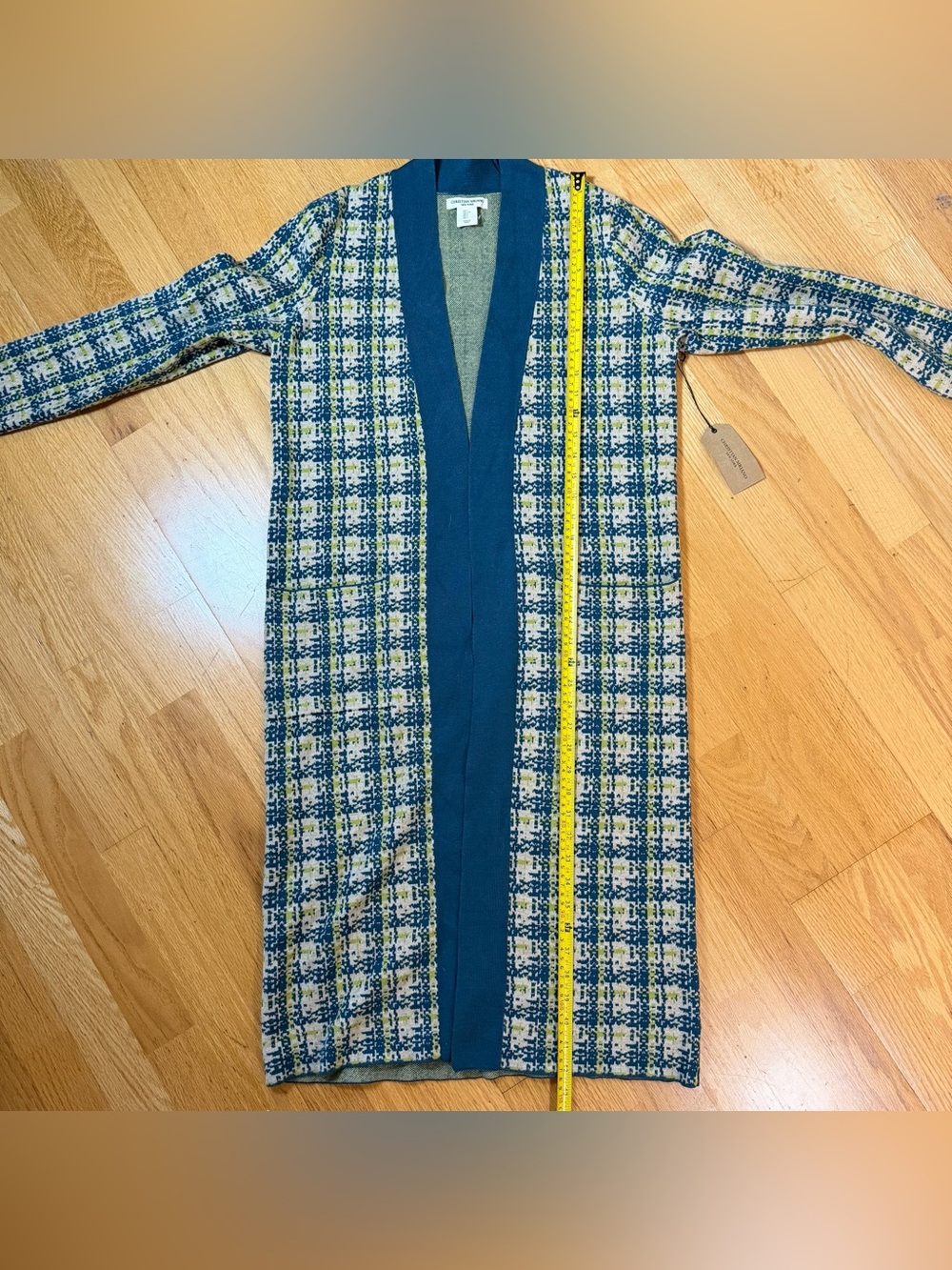 Christian Siriano NWT Plaid Open Front Long Cardigan Sweater Teal Multi L Preppy - Picture 6 of 12